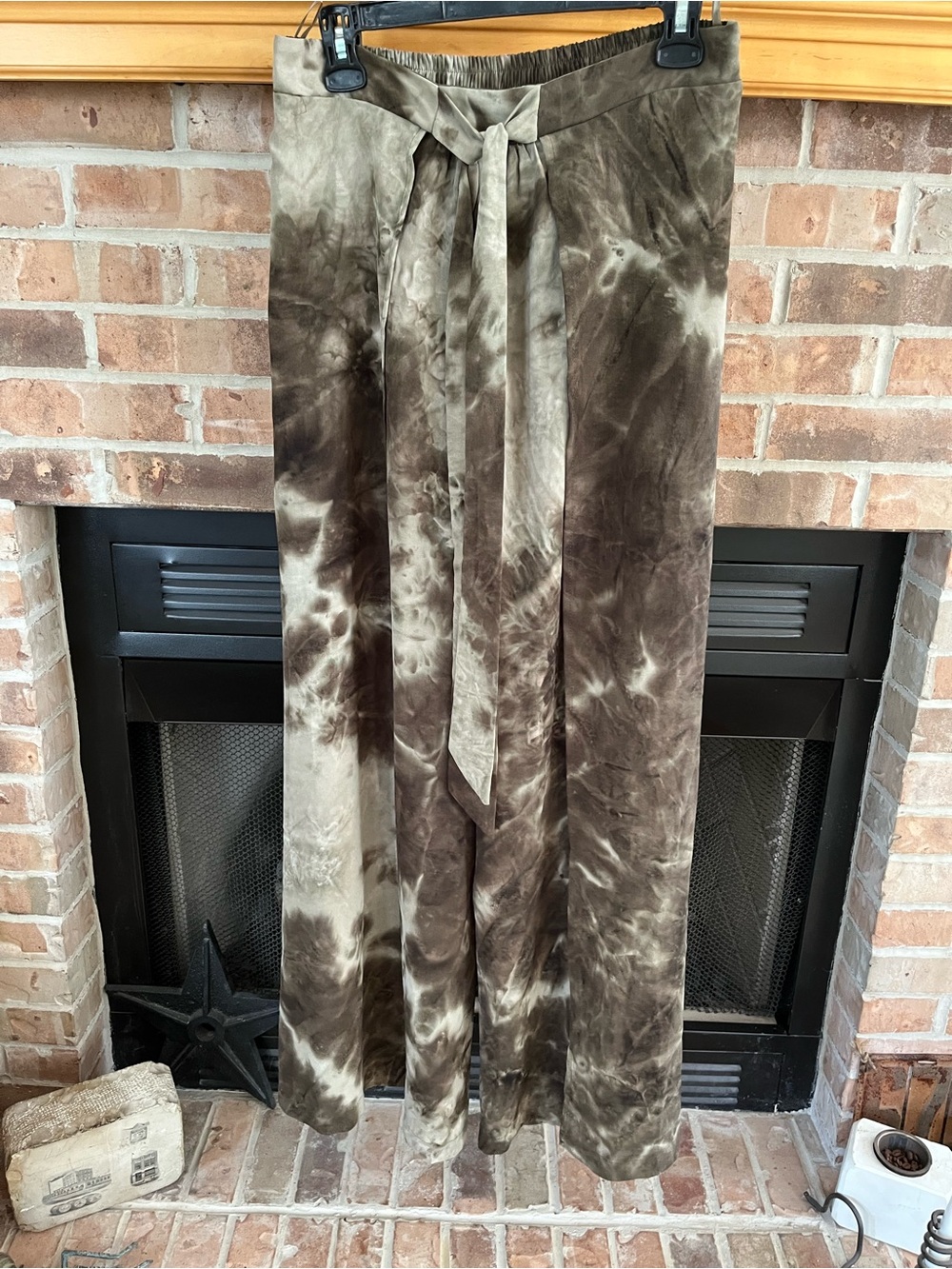 She + Sky Olive and Brown Tie-Dye Wide Leg Pants with Waist Tie